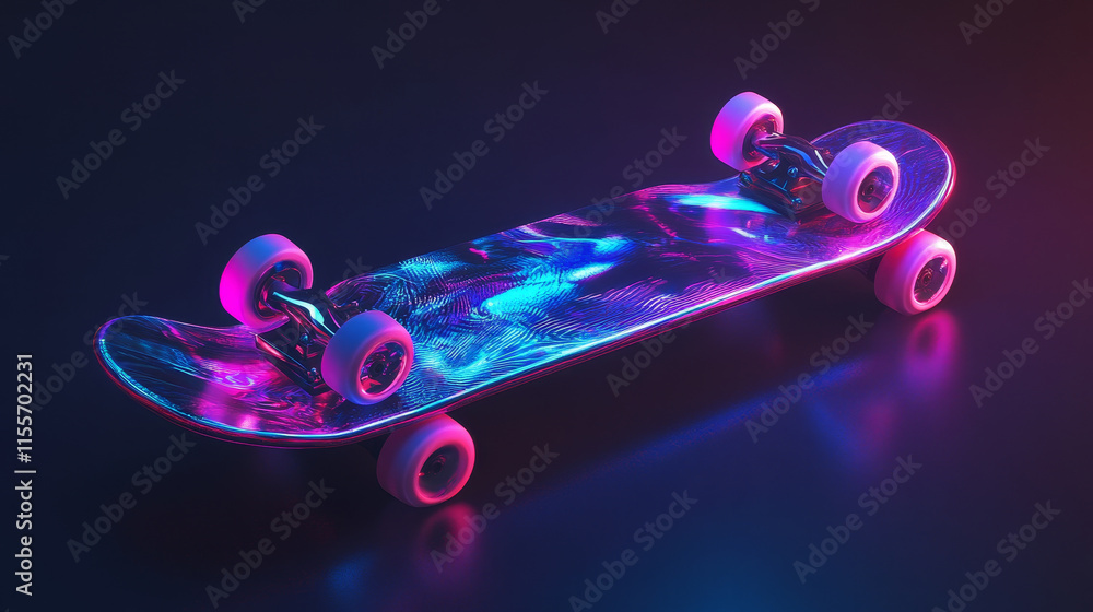 Poster skateboard: poly-mesh hologram and vector design. this skateboard merges holographic motifs with vec