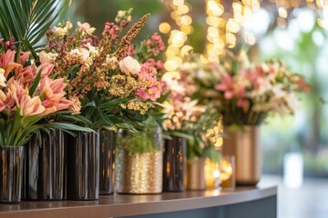 Fototapeta premium Stylish storefront display showcasing colorful flowers in elegant glass vases. Generative AI