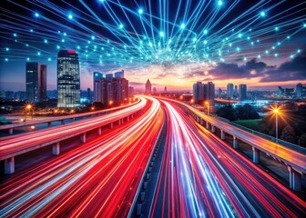 Red light trails mark the path on a high-speed digital highway, powered by glowing binary code.