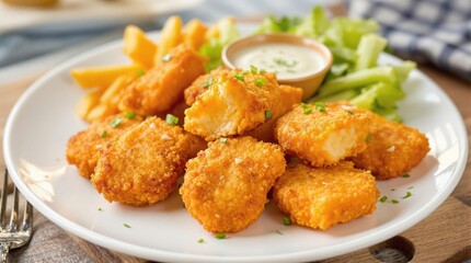 Crispy golden fish nuggets served on a clean white plate, paired with vibrant red ketchup, styled for bright and modern creative food photography