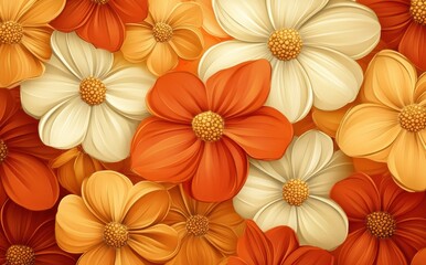 Vibrant and Colorful Floral Background with Orange, Yellow and Cream Flowers, Perfect for Spring or Summer Themed Designs and Nature Inspired Projects