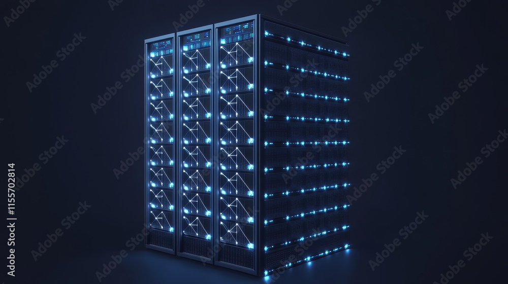 Poster the hologram server. distributed computer network technology consists of polygons, triangles of dots