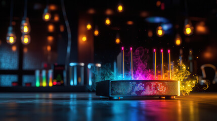 high tech router with sleek metallic edges emits colorful lights and smoke, creating vibrant atmosphere