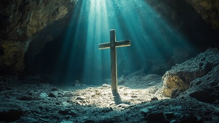 Naklejka premium A crucifix stands alone within a cave, bathed in divine light.