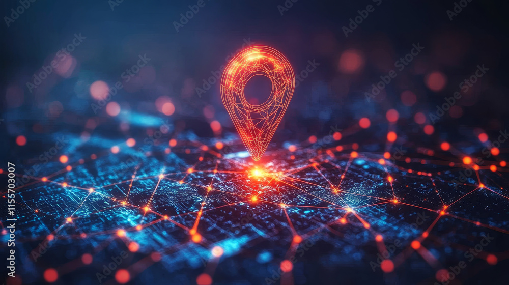 Poster geolocation hologram. the geolocation planet consists of polygons, triangles of dots and lines. the 