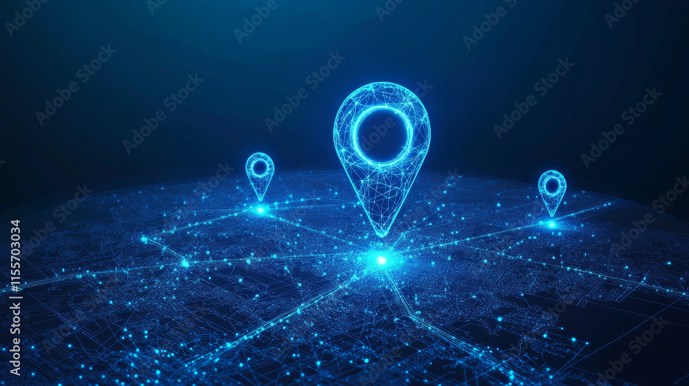 Poster geolocation hologram. the geolocation planet consists of polygons, triangles of dots and lines. the 