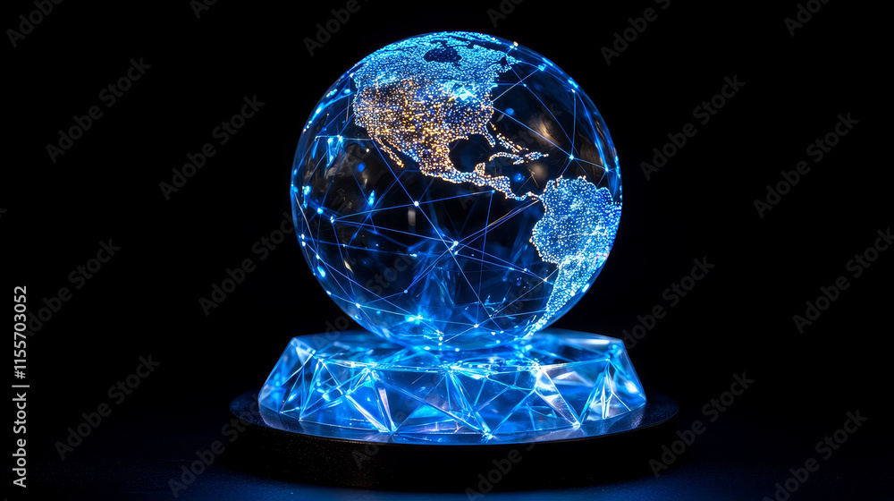 Poster geolocation hologram. the geolocation planet consists of polygons, triangles of dots and lines. the 