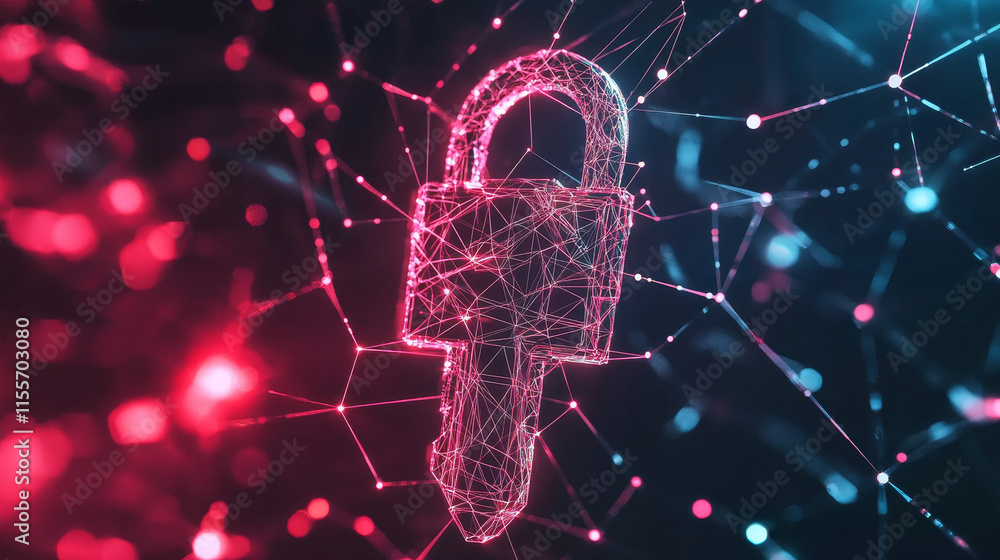 Poster the digital key is a hologram. the high-tech lock consists of polygons, triangles of dots and lines.