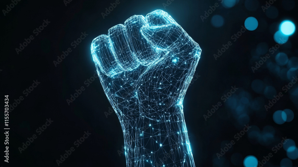 Poster a hologram of a clenched fist. a clenched fist of polygons, triangles of dots and lines. the arm is 