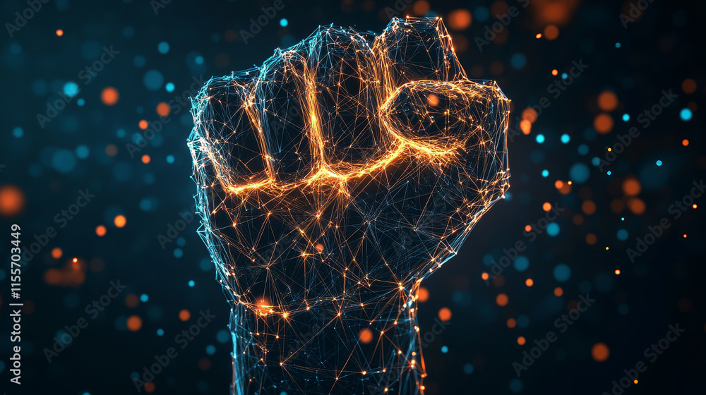 Poster a hologram of a clenched fist. a clenched fist of polygons, triangles of dots and lines. the arm is 