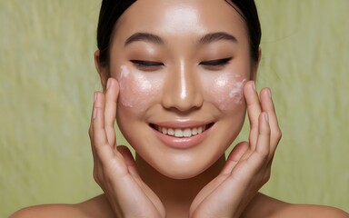  A smiling Asian girl with a healthy complexion, touching her skin and showcasing natural makeup, in a close-up shot against a soft light green background, highlighting her beauty