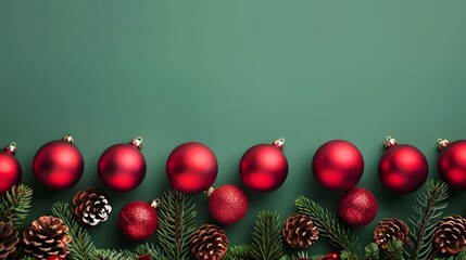 Red Christmas Ornaments and Pine Cones on Green Background