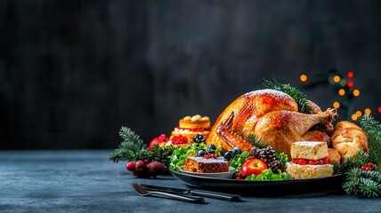 A beautifully arranged feast featuring a golden roasted turkey, colorful desserts, and garnishes, ideal for a festive celebration.
