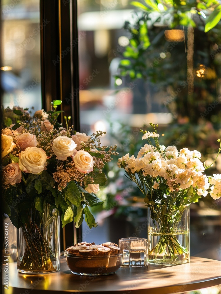 Poster stylish storefront display featuring elegant flowers in glass vases beside a tempting dessert at a c