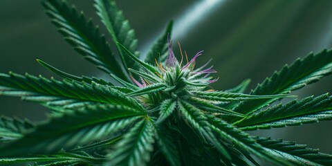 Obraz premium Closeup weed leaves and bud, template and background. 