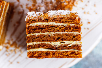 Traditional layered honey cake slices.