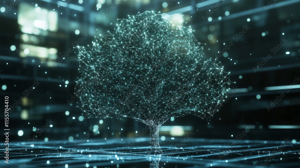 Poster the hologram is a tree. a tree of polygons, triangles of points and lines. the tree is a low-poly co