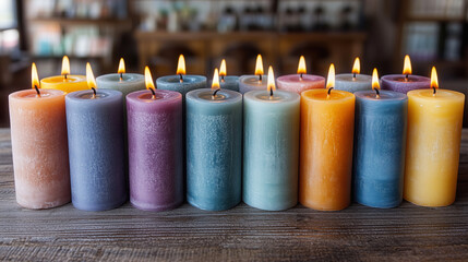 Many colorful lit candles burning on wooden table