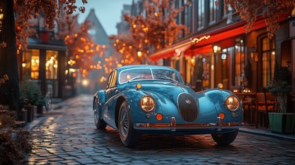 Fototapeta premium Classic blue car parked on cobblestone street in charming european town at dusk