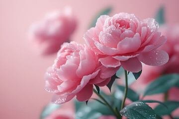 Obraz premium Bouquet of pink peonies roses on a pastel pink background.