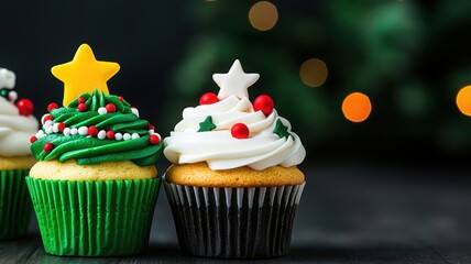 Festively decorated cupcakes with green and white frosting, adorned with colorful toppings and holiday-themed decorations.
