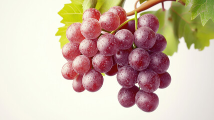 Fototapeta premium Fresh grapes hanging naturally on vine, glistening with water droplets, showcasing their rich purple color and vibrant green leaves