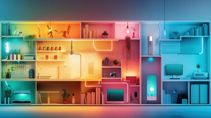 vibrant minimalist home network setup with colorful lighting, featuring router, shelves, and various tech devices