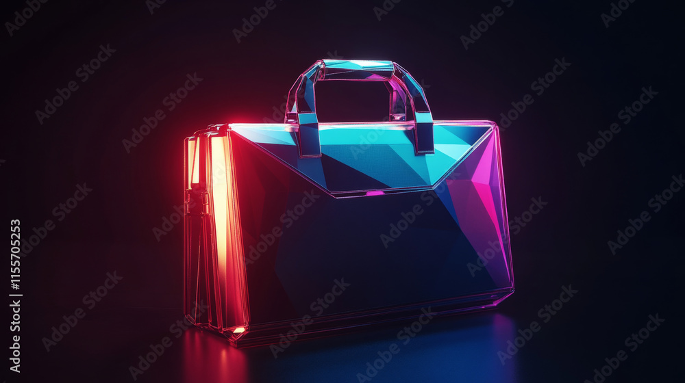 Poster hologram briefcase. briefcase of polygons, triangles of points and lines. the business portfolio is 