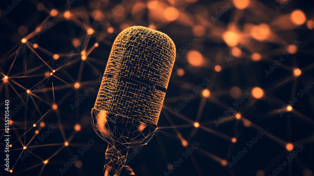 Poster a hologram microphone. the radio microphone consists of polygons, triangles of dots and lines. the m