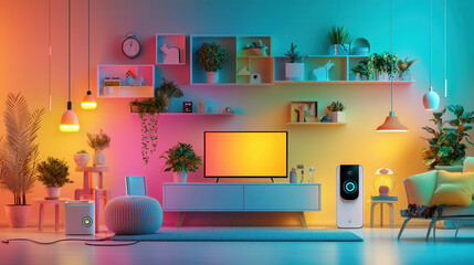 modern living room with vibrant lighting, plants, and stylish furniture creates cozy atmosphere