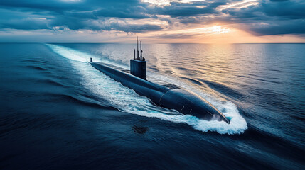 Fototapeta premium Nuclear submarine navigating ocean waters at sunset