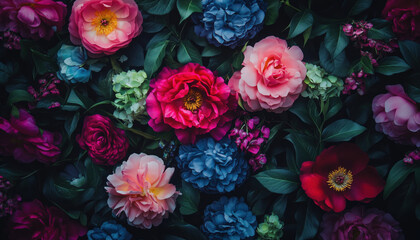 Colorful peony, rose, hydrangea and anemone flowers