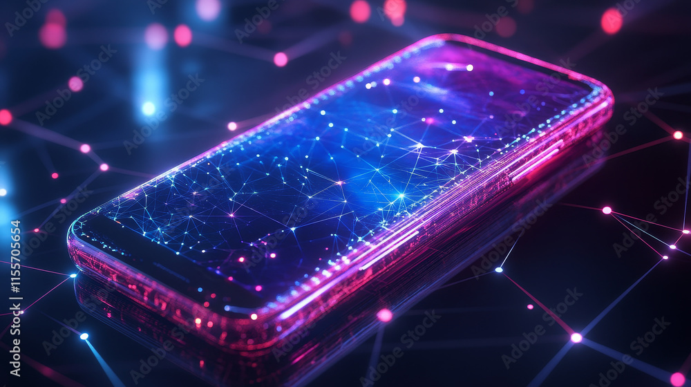 Poster a hologram phone. the smartphone is a heart of polygons, triangles of dots and lines. the phone has 