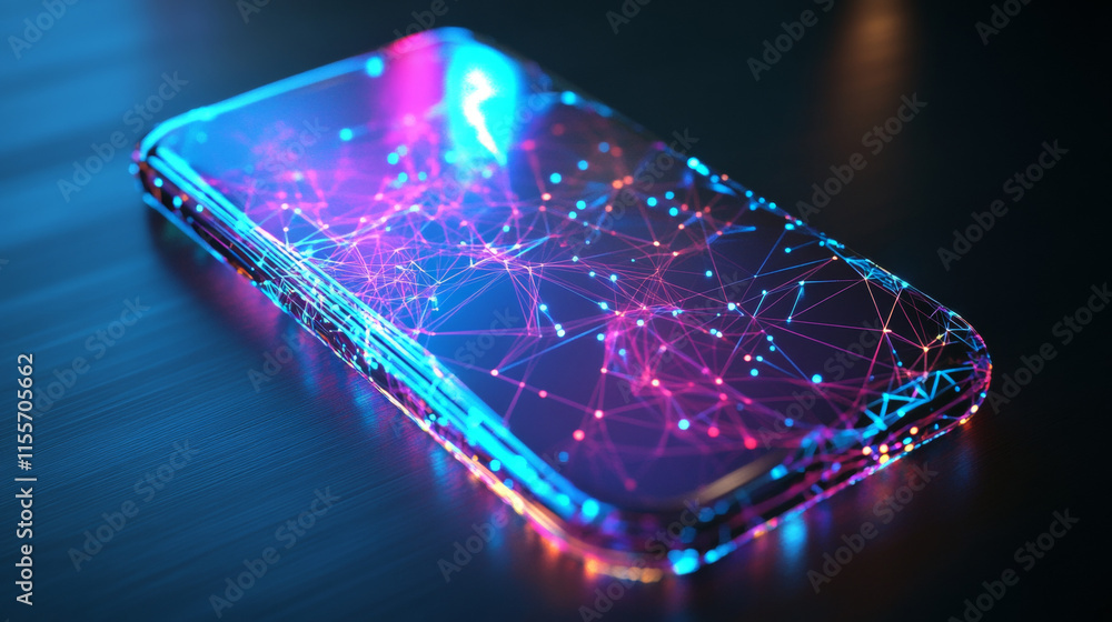 Poster a hologram phone. the smartphone is a heart of polygons, triangles of dots and lines. the phone has 