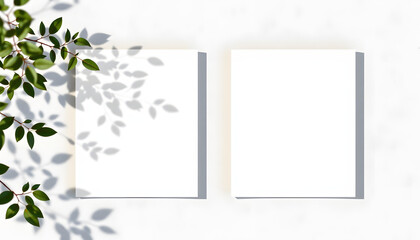 Two empty white vertical rectangle poster or card mockups with soft tree leaves shadows on neutral light grey concrete wall background. Flat lay, top view, flat design. isolated with white shades