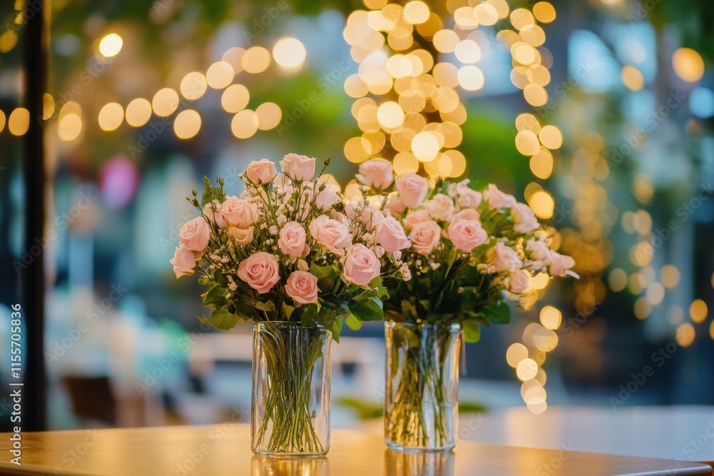 Poster stylish storefront display featuring elegant flower arrangements in glass vases amidst softly lit de