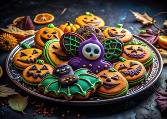 Fototapeta premium Spooky Halloween cookies, festively baked, create a surreal autumn scene; eerie magic on every plate.
