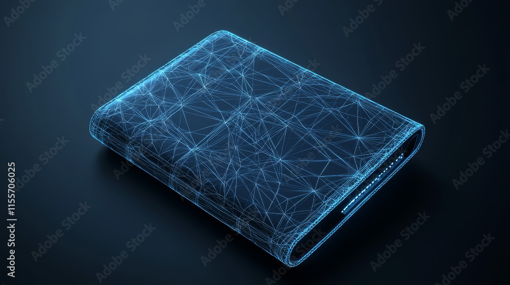 Poster a hologram wallet. a wallet made of polygons, triangles of points and lines. the wallet has a low po