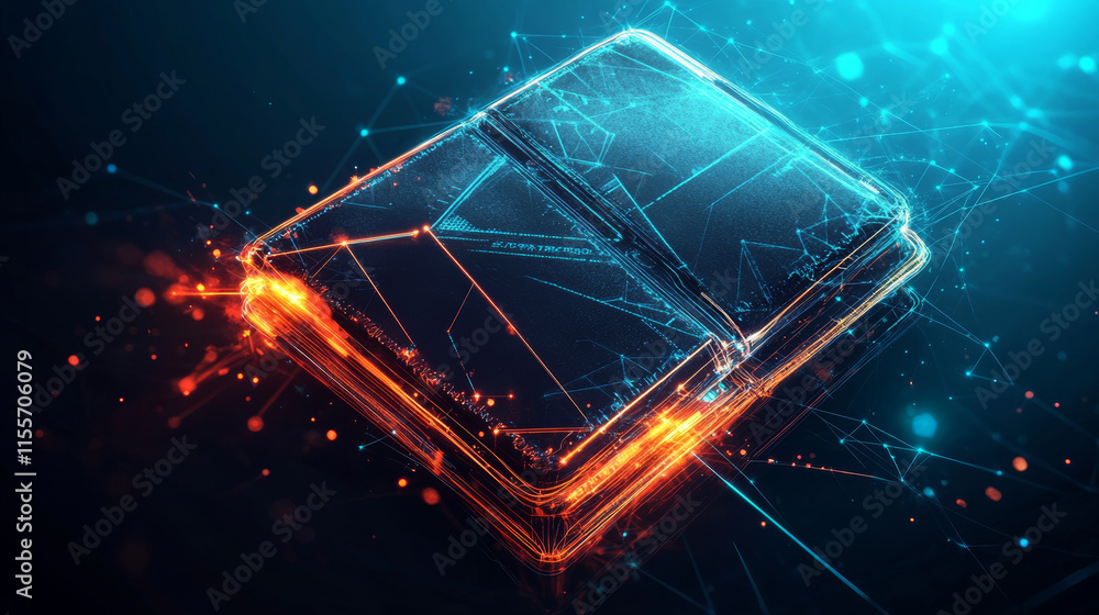 Poster a hologram wallet. a wallet made of polygons, triangles of points and lines. the wallet has a low po