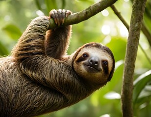 Funny sloth hanging on the branch of tree looking into the camera closeup shot