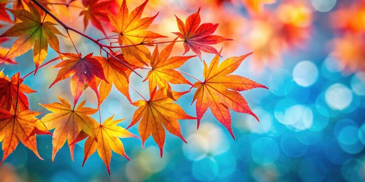 Stunning fall foliage:  crisp maple leaves, soft blue sky bokeh background.