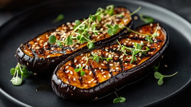 Grilled eggplant topped with sweet miso sauce, sesame seeds, and microgreens, served on a sleek black plate in a modern restaurant