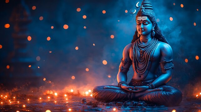 Shiva, the Hindu deity, is depicted in this image sitting cross-legged with his hands resting on his knees and eyes closed in deep meditation.