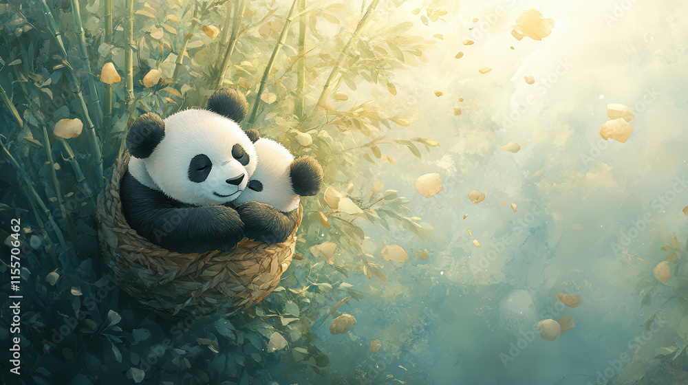 Poster cuddling pandas in bamboo forest, surrounded by soft light and leaves