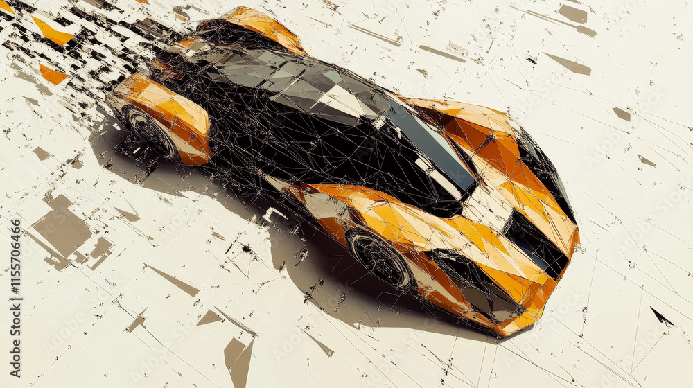 Poster a hologram of a car. a car made of polygons, triangles of dots and lines. car top view low-poly comp