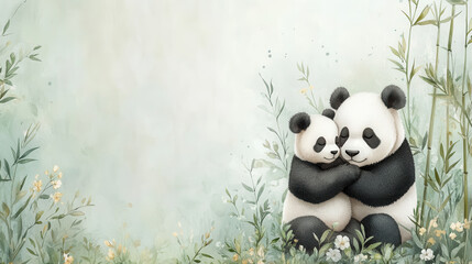 Naklejka premium Cuddling pandas in serene bamboo forest, showcasing love and tenderness