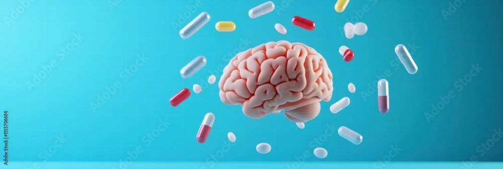 Poster 3d model of a human brain surrounded by colorful pills suspended in mid air on a blue background. ge