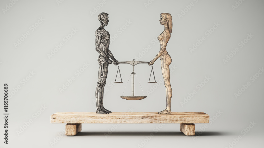 Poster the hologram is equality. a man and a woman on a scale of polygons, triangles of dots and lines. equ