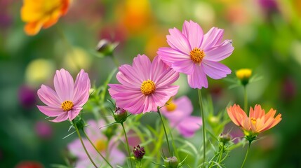 Fototapeta premium Vibrant Cosmos Flowers Blooming in a Colorful Garden Landscape