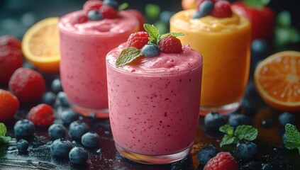 glasses of various smoothies for healthy dieting breakfast.